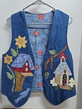 Handmade Blue Denim Birdhouse Birds Jean Vest Applique Stitched Approx M-L